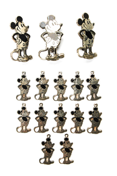Designer Unisex Antique Silver Tone Pewter Cartoon Mouse 12 Charm + 3 Pin Lot