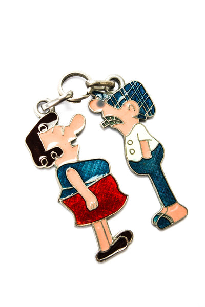Designer Unisex Vintage 800 Silver Enamel Cartoon Couple Pendant Set of 2