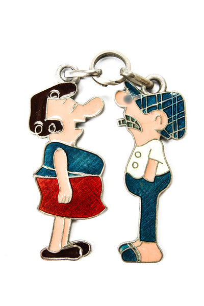 Designer Unisex Vintage 800 Silver Enamel Cartoon Couple Pendant Set of 2