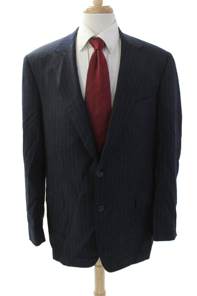 Samuelsohn Mesn Wool Striped Print Collared Two Button Blazer Blue Size 42