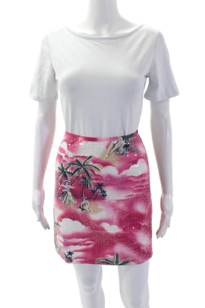 Le Superbe Womens Palm Tree Sequined Mini Skirt Pink Multi Colored Cotton Size 6