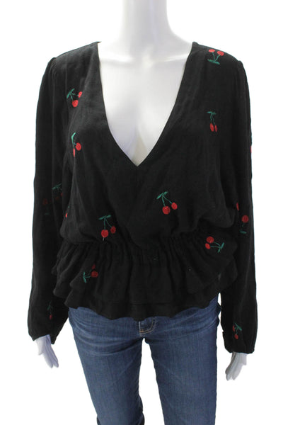 McGuire Womens Cherry Print V Neck Long Sleeves Blouse Black Red Size Large