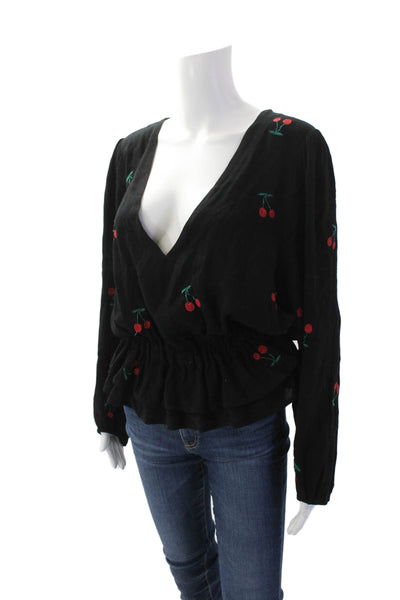 McGuire Womens Cherry Print V Neck Long Sleeves Blouse Black Red Size Large