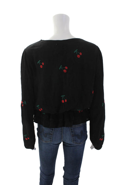 McGuire Womens Cherry Print V Neck Long Sleeves Blouse Black Red Size Large