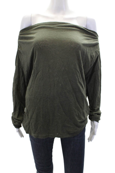 Stateside Womens Linen Boat Neck Long Sleeve Blouse Top Green Size S
