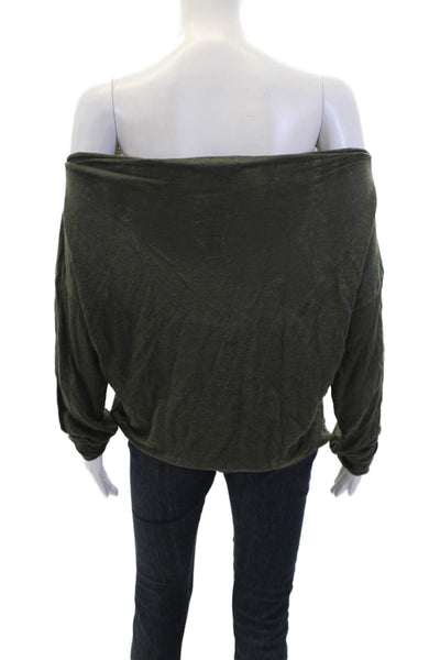 Stateside Womens Linen Boat Neck Long Sleeve Blouse Top Green Size S