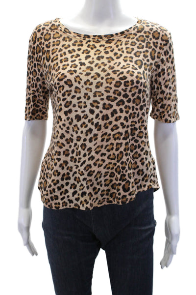 Rebecca Taylor Womens Linen Animal Print Short Sleeve T-Shirt Brown Size XS