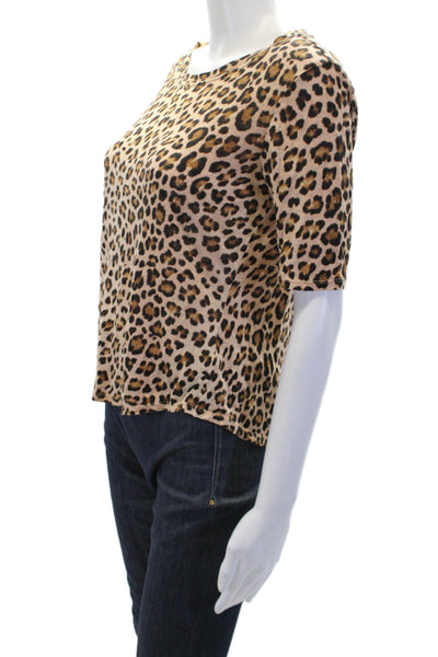 Rebecca Taylor Womens Linen Animal Print Short Sleeve T-Shirt Brown Size XS