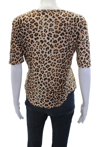 Rebecca Taylor Womens Linen Animal Print Short Sleeve T-Shirt Brown Size XS