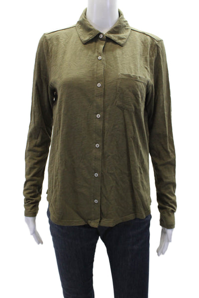 Elliott Lauren Womens Cotton Collared Long Sleeve Button-Down Shirt Green Size S