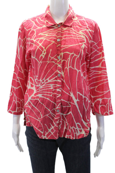 Natori Womens Cotton Geometric 3/4 Sleeve Button-Down Shirt Pink Size XS