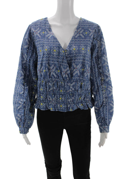 Forever That Girl Womens Floral Print V Neck Blouse Blue Cotton Size Medium