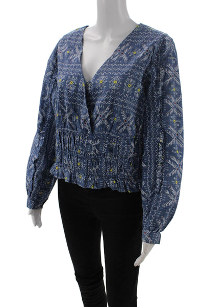 Forever That Girl Womens Floral Print V Neck Blouse Blue Cotton Size Medium