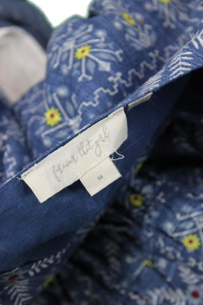 Forever That Girl Womens Floral Print V Neck Blouse Blue Cotton Size Medium