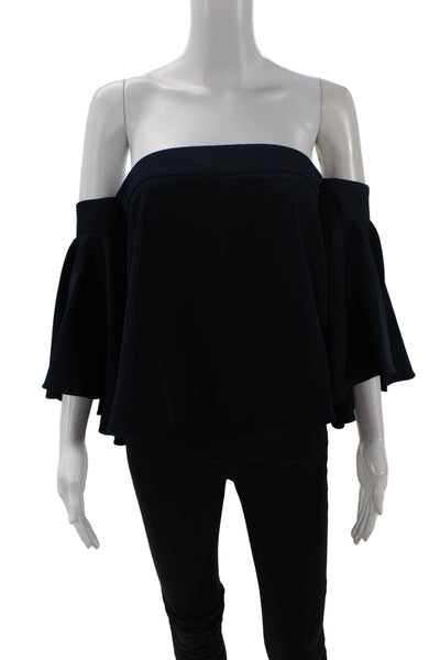 Milly Womens Square Neck Off Shoulder Ruffle Sleeve Blouse Top Navy Blue Size 0