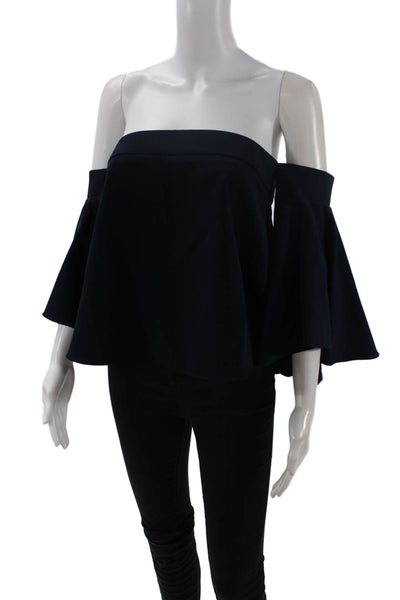 Milly Womens Square Neck Off Shoulder Ruffle Sleeve Blouse Top Navy Blue Size 0