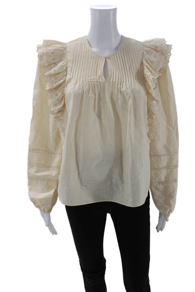 The Westside Womens Cotton Eyelet Ruffle Pleated Long Sleeve Blouse Beige Size S