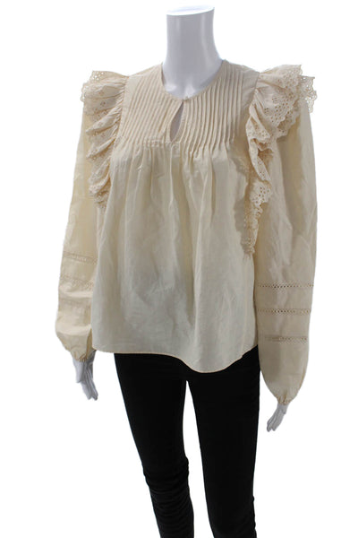 The Westside Womens Cotton Eyelet Ruffle Pleated Long Sleeve Blouse Beige Size S