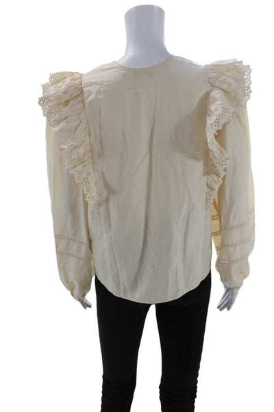 The Westside Womens Cotton Eyelet Ruffle Pleated Long Sleeve Blouse Beige Size S