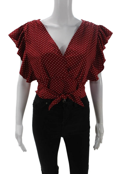Isalis Polka Dot Print Deep V-Neck Ruffled Sleeveless Crop Top Red Size M