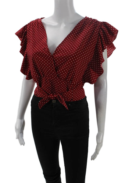 Isalis Polka Dot Print Deep V-Neck Ruffled Sleeveless Crop Top Red Size M
