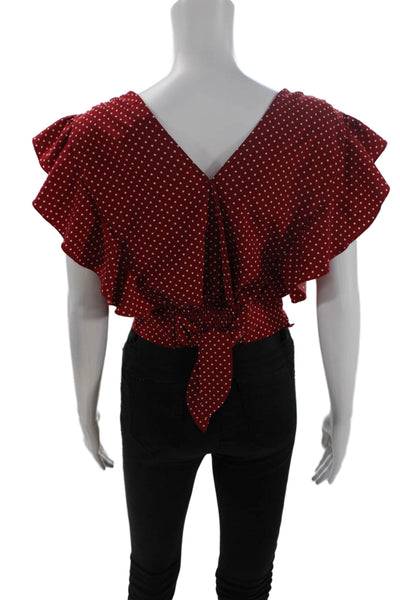 Isalis Polka Dot Print Deep V-Neck Ruffled Sleeveless Crop Top Red Size M
