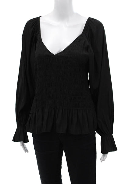 Lola And Sophie Womens Smock V-Neck Long Sleeve Blouse Top Black Size S