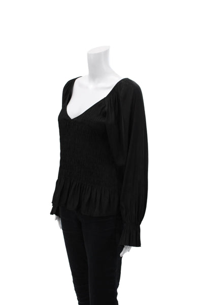 Lola And Sophie Womens Smock V-Neck Long Sleeve Blouse Top Black Size S