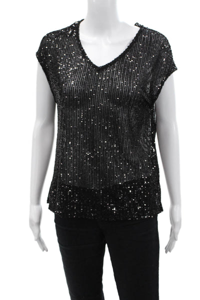 Frank Lyman Womens Mesh Embellished Sequin Short Sleeve Blouse Top Black Size 4