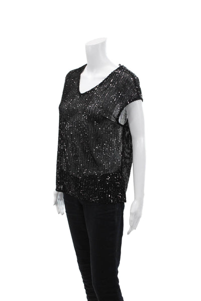 Frank Lyman Womens Mesh Embellished Sequin Short Sleeve Blouse Top Black Size 4
