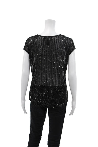 Frank Lyman Womens Mesh Embellished Sequin Short Sleeve Blouse Top Black Size 4