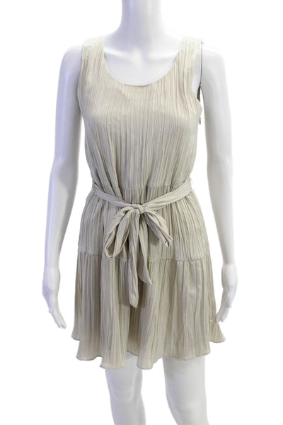 Drew Womens Pleated Annalise Scoop Neck Tiered Mini Dress Beige Size XS