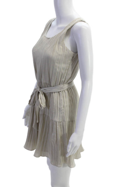 Drew Womens Pleated Annalise Scoop Neck Tiered Mini Dress Beige Size XS