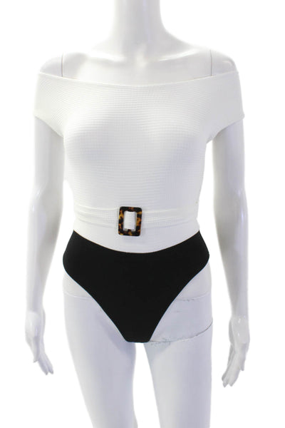 Les Tout Petits Womens Textured Sleeveless Belted One Piece Bikini White Size 8