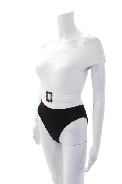 Les Tout Petits Womens Textured Sleeveless Belted One Piece Bikini White Size 8