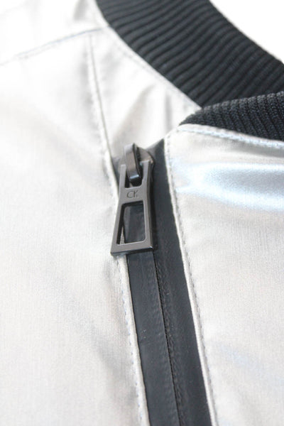Calvin Klein Womens Front Zip Crew Neck Metallic Slim Vest Jacket Silver Medium