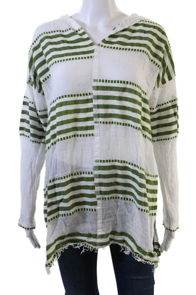 Lem Lem Womens Long Sleeve V Neck Striped Hooded Shirt White Green Size Medium