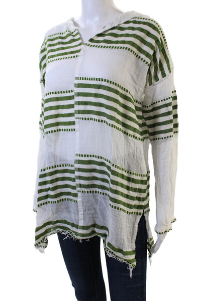 Lem Lem Womens Long Sleeve V Neck Striped Hooded Shirt White Green Size Medium
