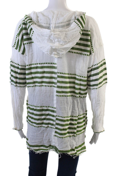 Lem Lem Womens Long Sleeve V Neck Striped Hooded Shirt White Green Size Medium