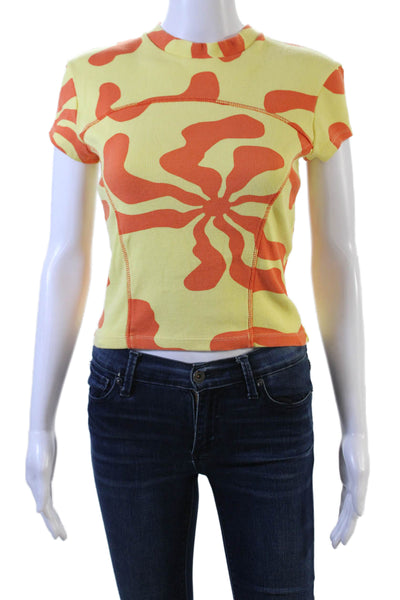 Arthur Womens Short Sleeve Crew Neck Ribbed Printed Shirt Yellow Orange Size 8