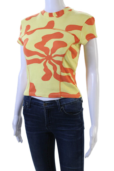 Arthur Womens Short Sleeve Crew Neck Ribbed Printed Shirt Yellow Orange Size 8