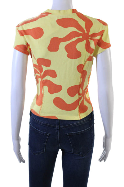 Arthur Womens Short Sleeve Crew Neck Ribbed Printed Shirt Yellow Orange Size 8