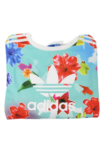 Adidas Girls Long Sleeve Scoop Neck Floral Logo Sweatshirt Blue Multi Size 14-15