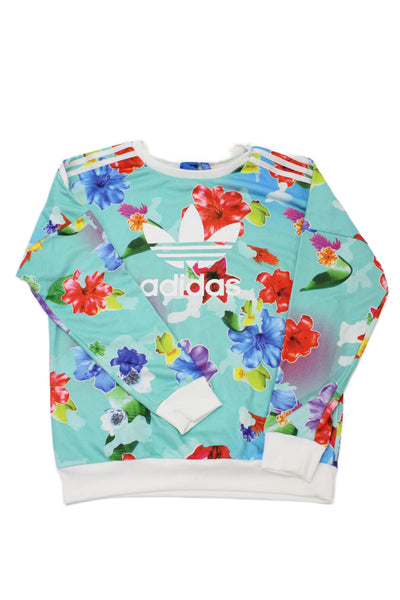 Adidas Girls Long Sleeve Scoop Neck Floral Logo Sweatshirt Blue Multi Size 14-15
