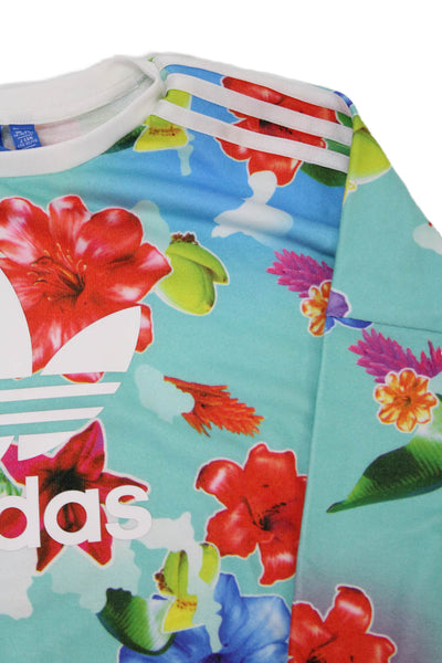 Adidas Girls Long Sleeve Scoop Neck Floral Logo Sweatshirt Blue Multi Size 14-15