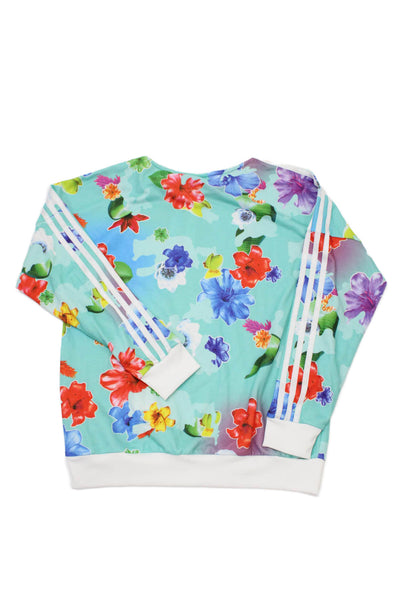 Adidas Girls Long Sleeve Scoop Neck Floral Logo Sweatshirt Blue Multi Size 14-15