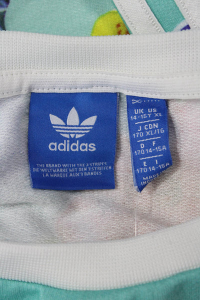 Adidas Girls Long Sleeve Scoop Neck Floral Logo Sweatshirt Blue Multi Size 14-15