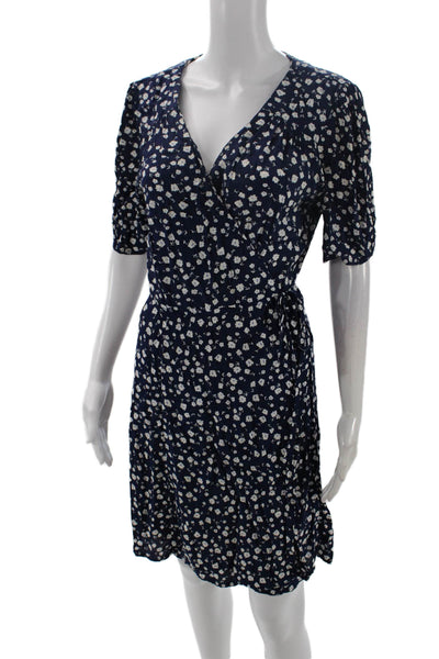 MINKPINK Womens Floral Print Short Sleeve Tie Waist Wrap Dress Blue Size M