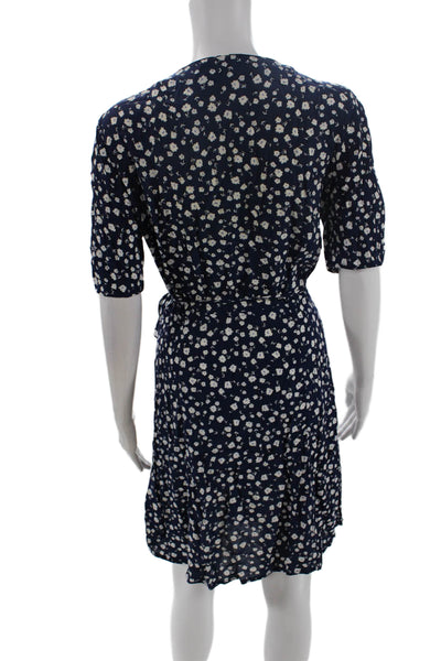 MINKPINK Womens Floral Print Short Sleeve Tie Waist Wrap Dress Blue Size M