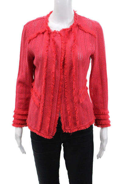 Nic + Zoe Womens Cotton Open Knit Frayed Hem Open Front Jacket Red Size S